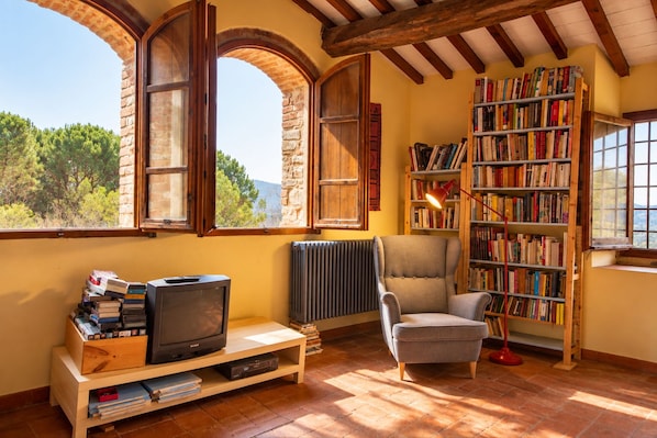 Una habitación acogedora con chimenea, una estantería, un sillón cómodo y un televisor.