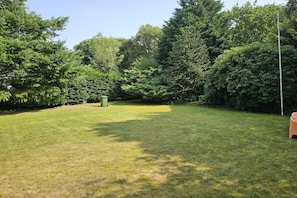 A grassy backyard with a green trash bin and dense trees in the background.