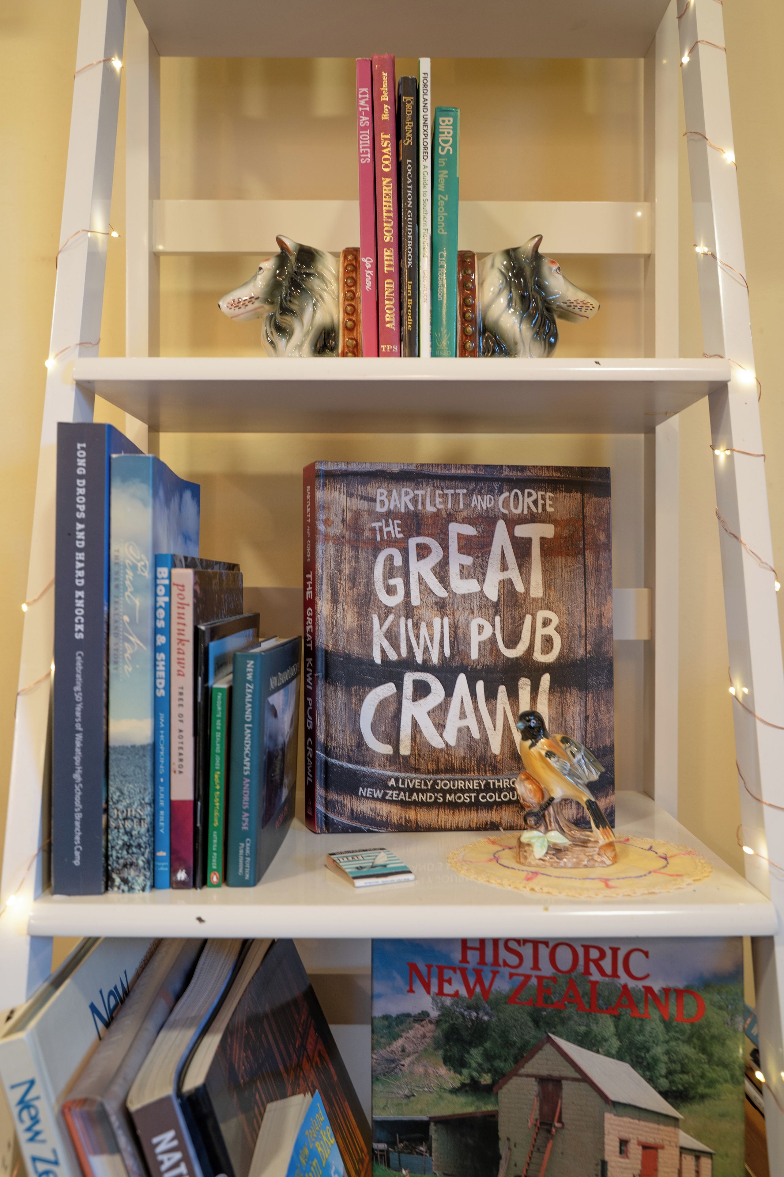 Une bibliothèque avec des livres et des objets décoratifs.