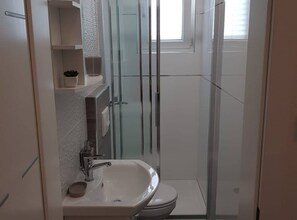 Ein modernes Badezimmer mit Duschkabine aus Glas, einem weißen Waschbecken und einer Toilette.