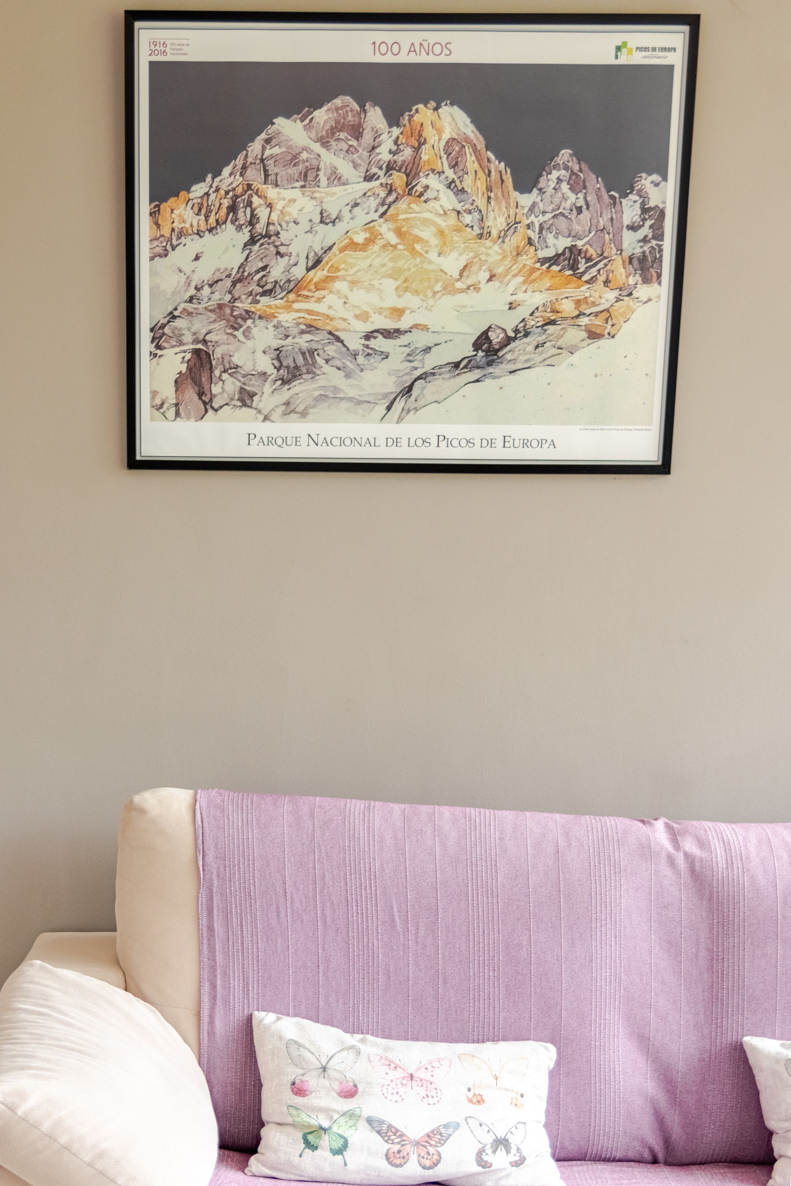 Una obra de arte enmarco muestra un paisaje montañoso, con un cojín de diseños de mariposas sobre un sofá.
