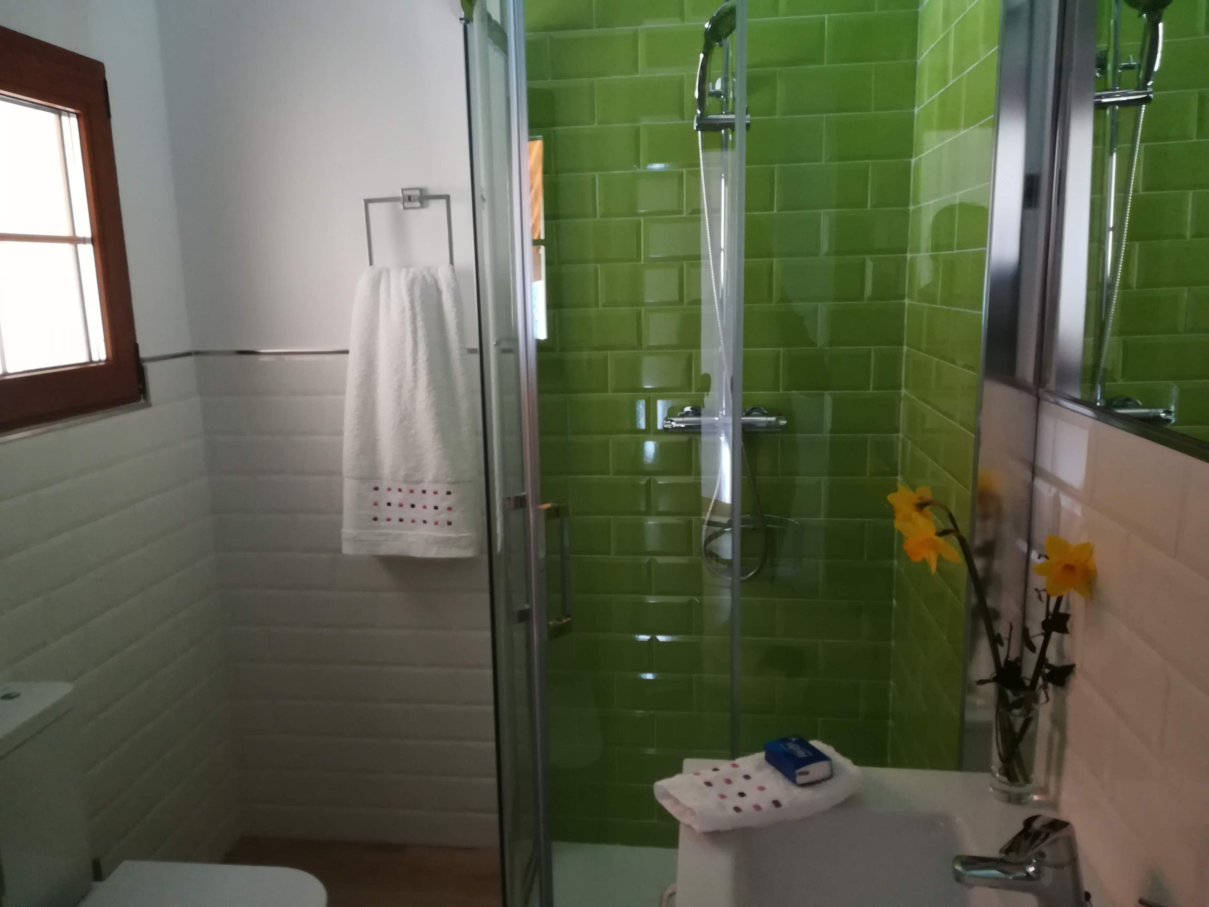 Een badkamer met een douche met glazen wand, een witte wastafel en een handdoekrek met een witte handdoek.