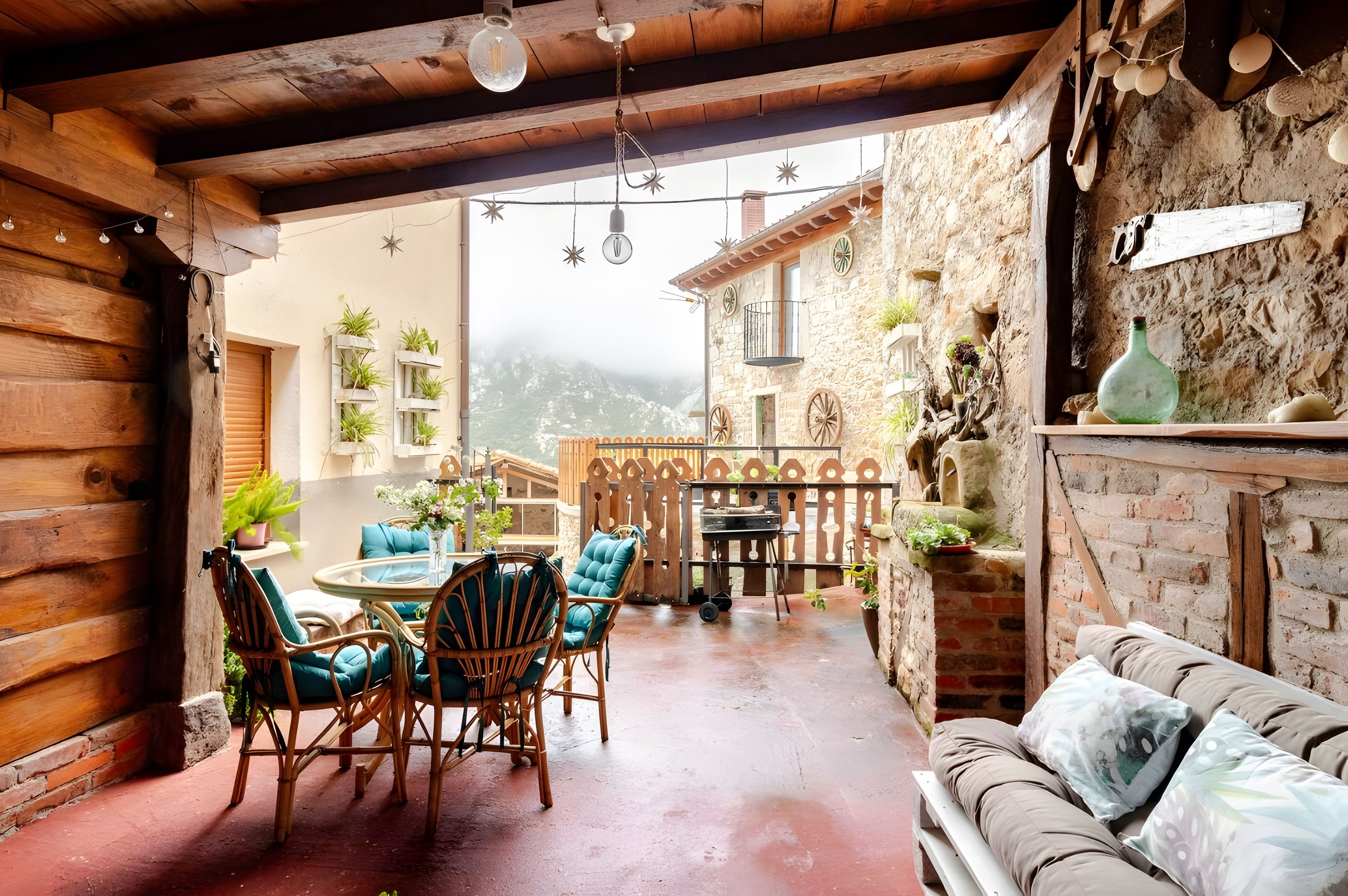 A cozy patio area with a round table, wicker chairs, and a cushioned sofa.