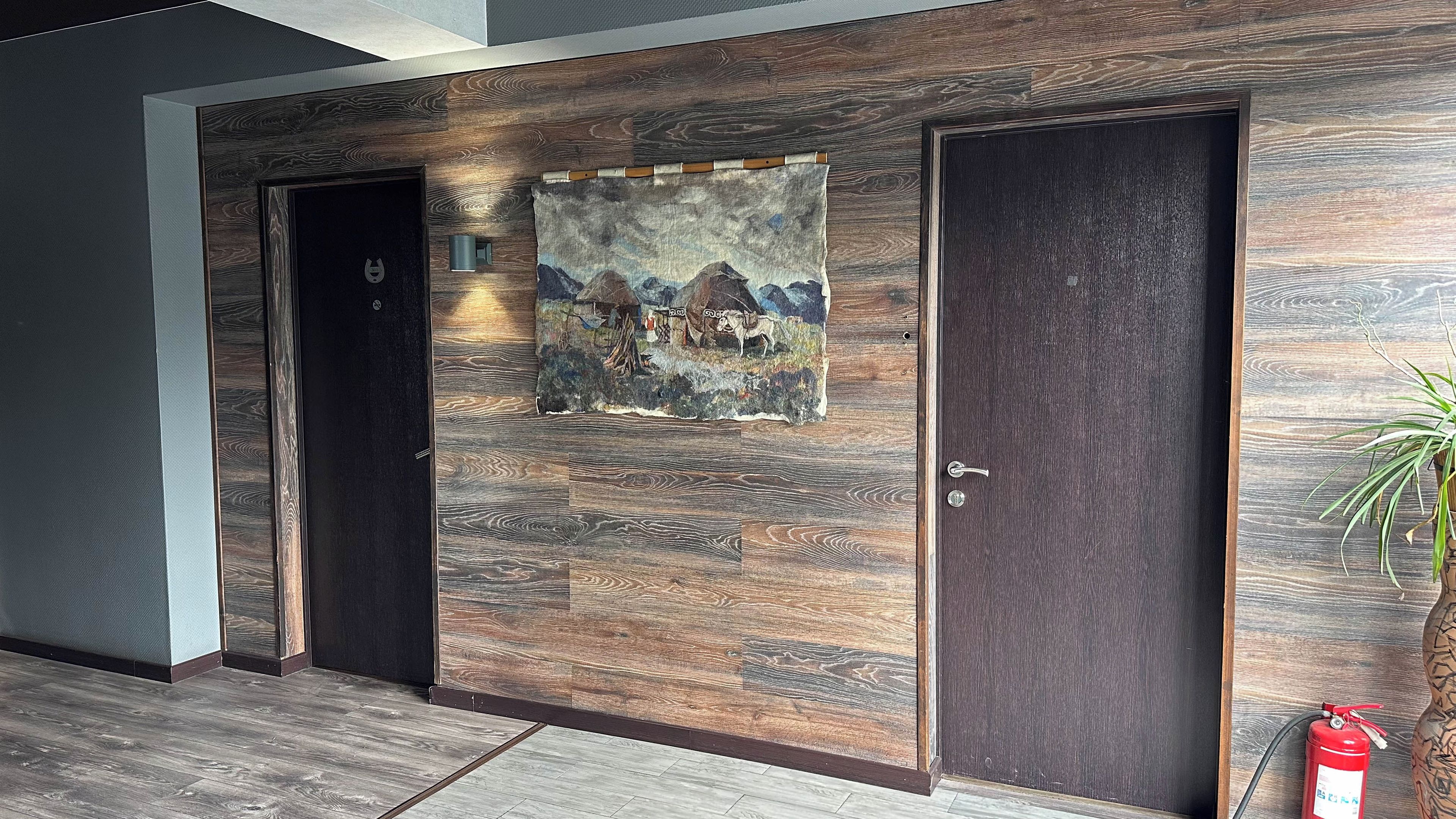 Un pasillo con dos puertas, una de las cuales tiene un cuadro decorativo de un paisaje montañoso.