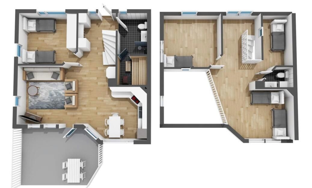A two-story apartment layout with a living room, dining area, kitchen, and two bedrooms.
