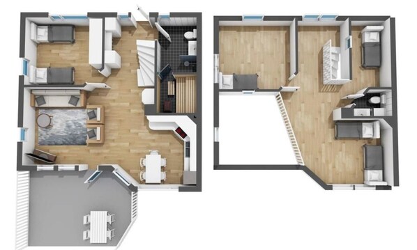 A two-story apartment layout with a living room, dining area, kitchen, and two bedrooms.