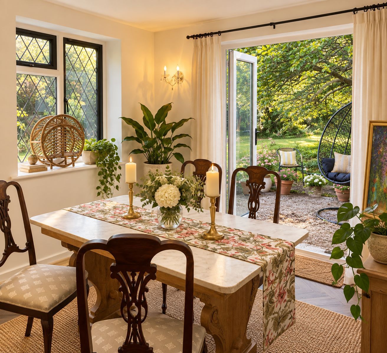 Comedor con una mesa lista para cuatro personas, rodeada de sillas, y vista a un jardín a través de un ventanal.