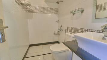 Un baño con inodoro, lavabo y ducha.