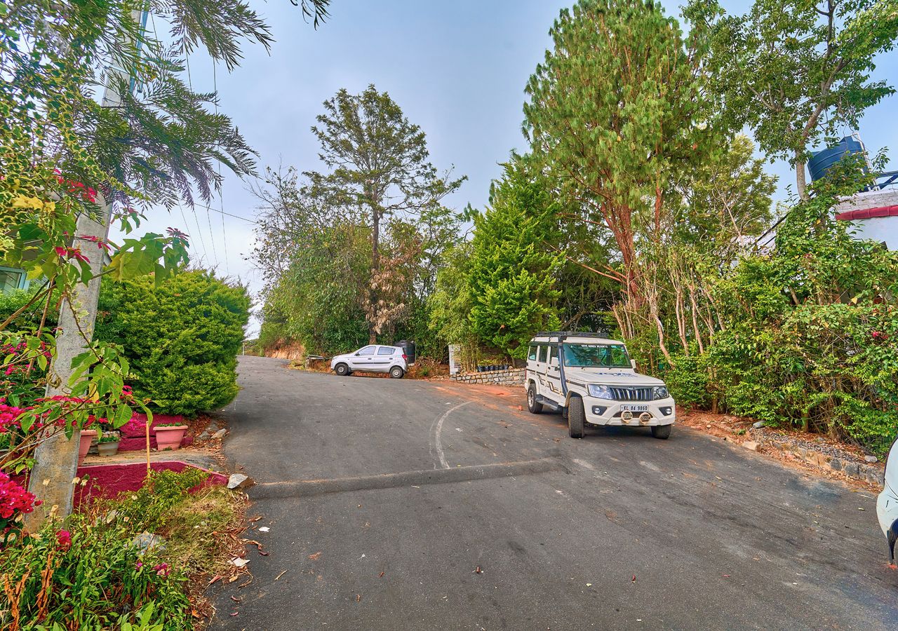 A paved driveway with a white SUV parked on the right, a white car in the distance, and lush greenery on both sides.