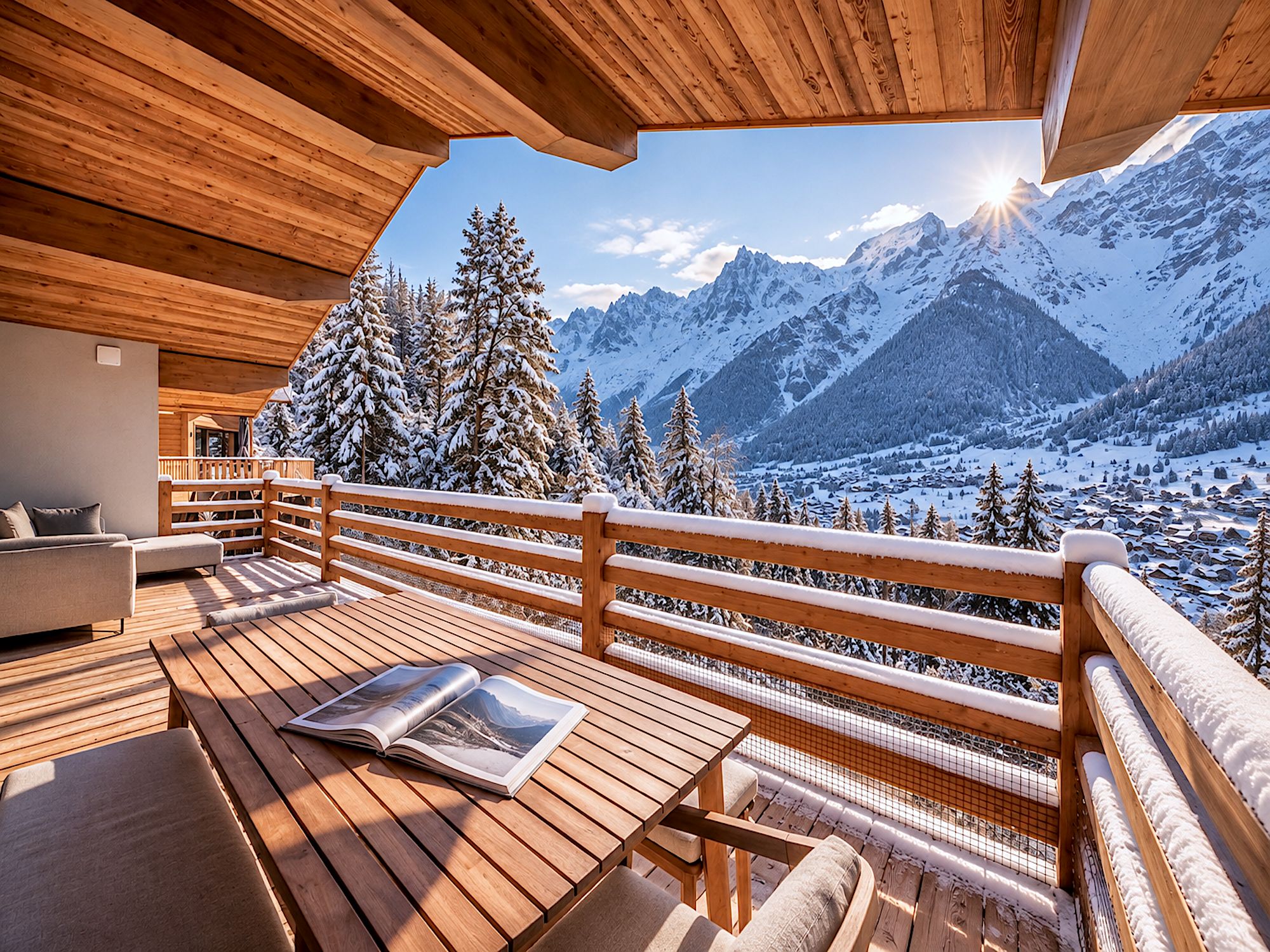 A wooden deck with a view of snow-covered mountains and a cozy seating area with cushions.