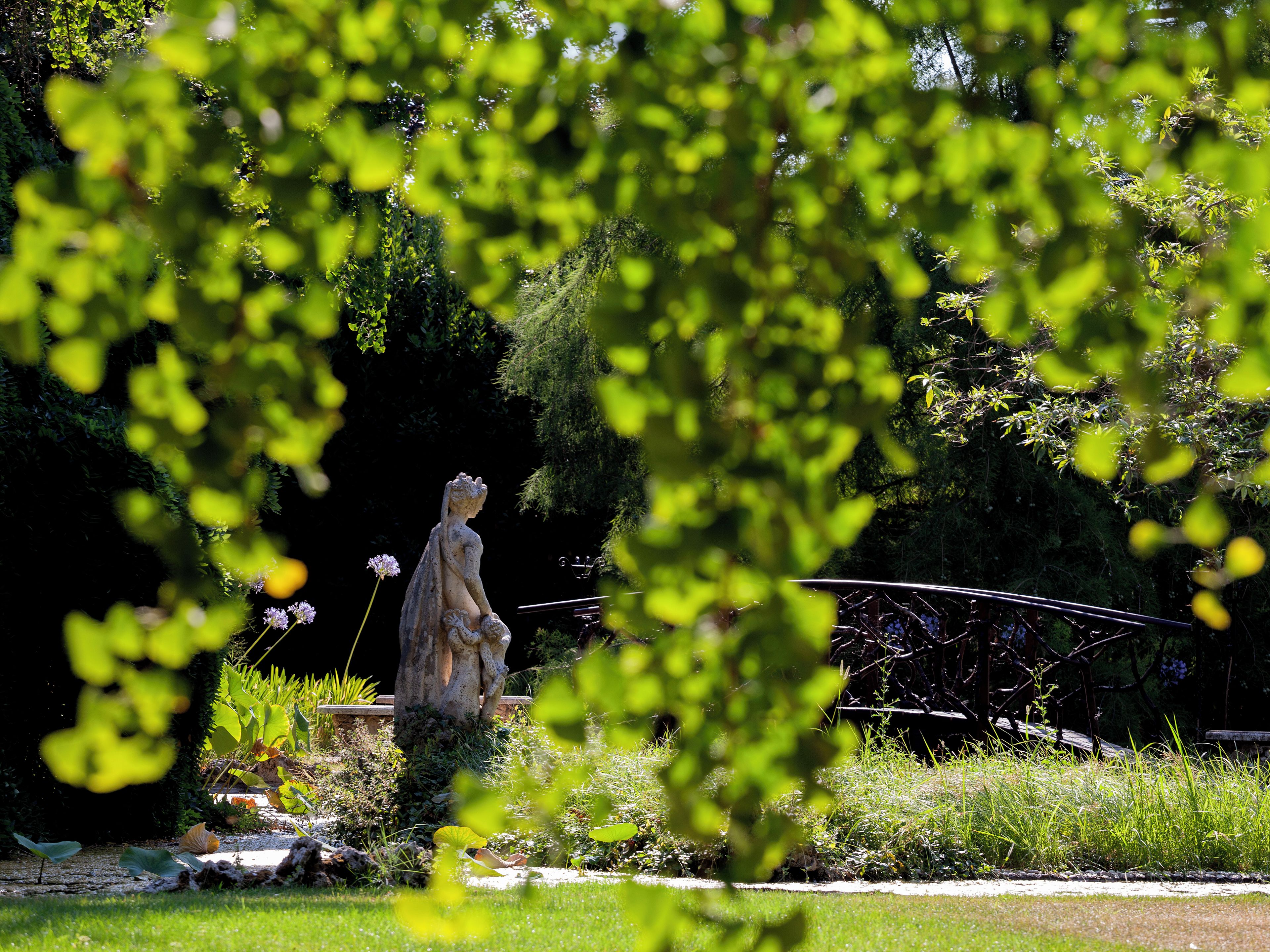 A garden with a statue, a pond, and lush greenery.