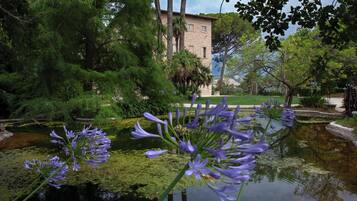 A garden with a pond, trees, and a building in the background.