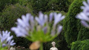 Una estatua en un jardín con un estanque y abundante vegetación.
