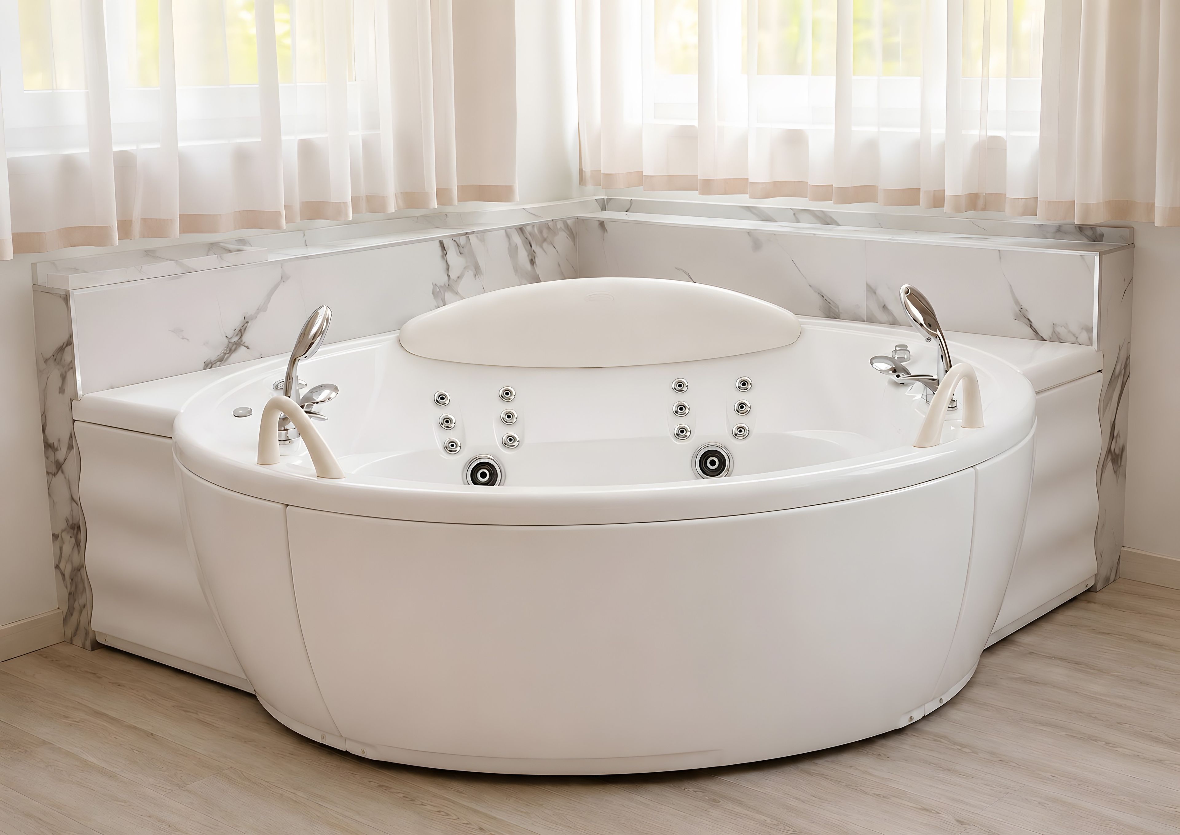 Une salle de bain d’angle avec une baignoire en marbre, un meuble-lavabo et une fenêtre ornée de rideaux légers.