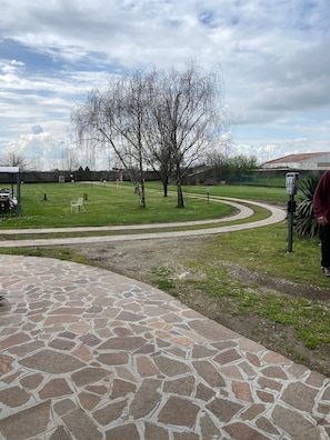 A paved area with a curved pathway, a grassy field, and a tree.
