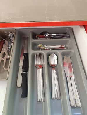 A drawer with various utensils including forks, knives, and spoons. - T -SYSSY LODGE  FOR 2 ADULTS (WITHOUT CHILDREN) TO DISCOVER MARTINIQUE (Fort-de-France)