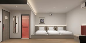A modern hotel room with a large bed, a bedside table, a mirror, and a red door. - SHANKEE Hotel M Blok Jakarta (Jakarta Selatan)