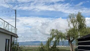 Un jardín con césped con vista a un lago y montañas, un árbol, y un edificio con balcón.
