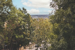 Une vue d’un quartier résidentiel, avec des arbres et un bâtiment situé au loin.