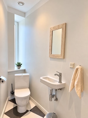 Une salle de bain équipée de toilettes, d’un lavabo, d’un miroir et d’un porte-serviettes.