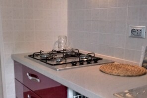 Cuina amb forlla de gas, recipient de vidre i estora al taulell.