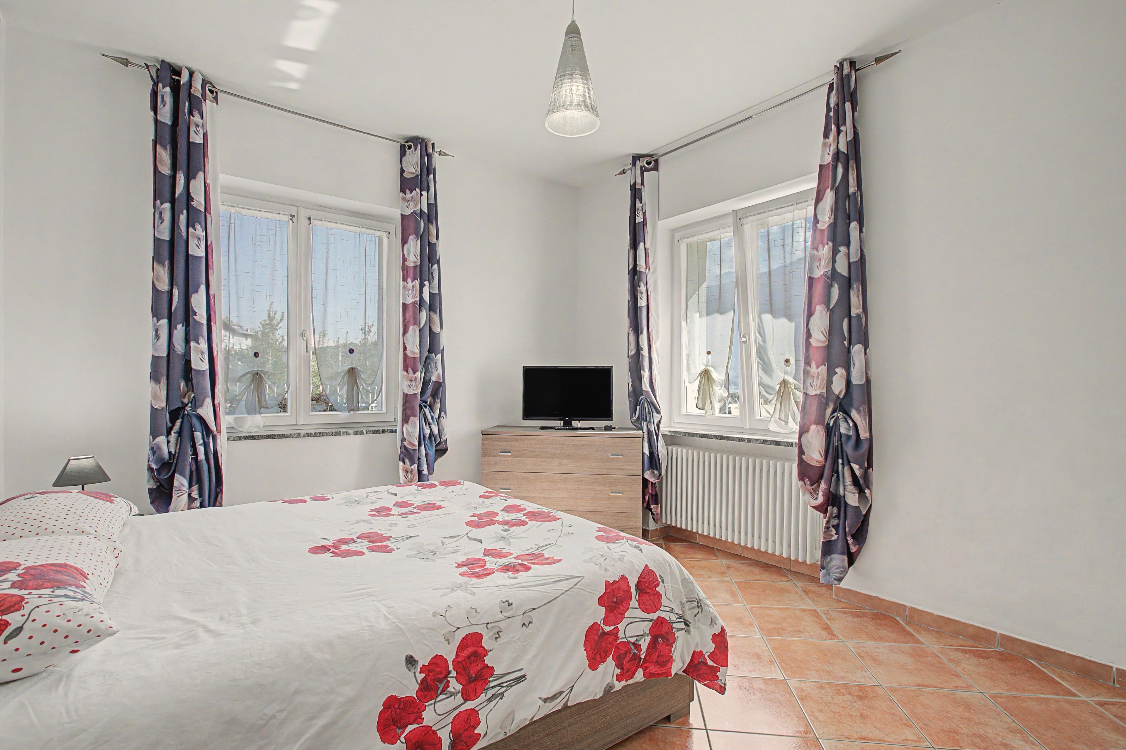 Ein Schlafzimmer mit einem Bett, einem Fernseher und einer Heizung.