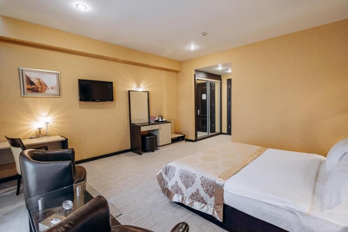 A hotel room with a bed, a desk with a chair, a television, and a mirror.