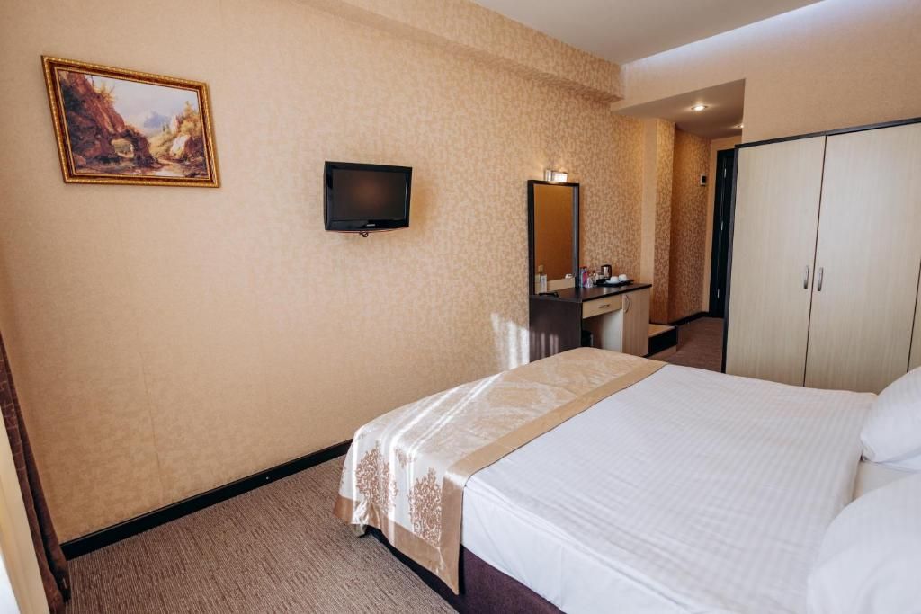 Une chambre d’hôtel comprenant un lit, une télévision, un bureau avec un miroir et une armoire.