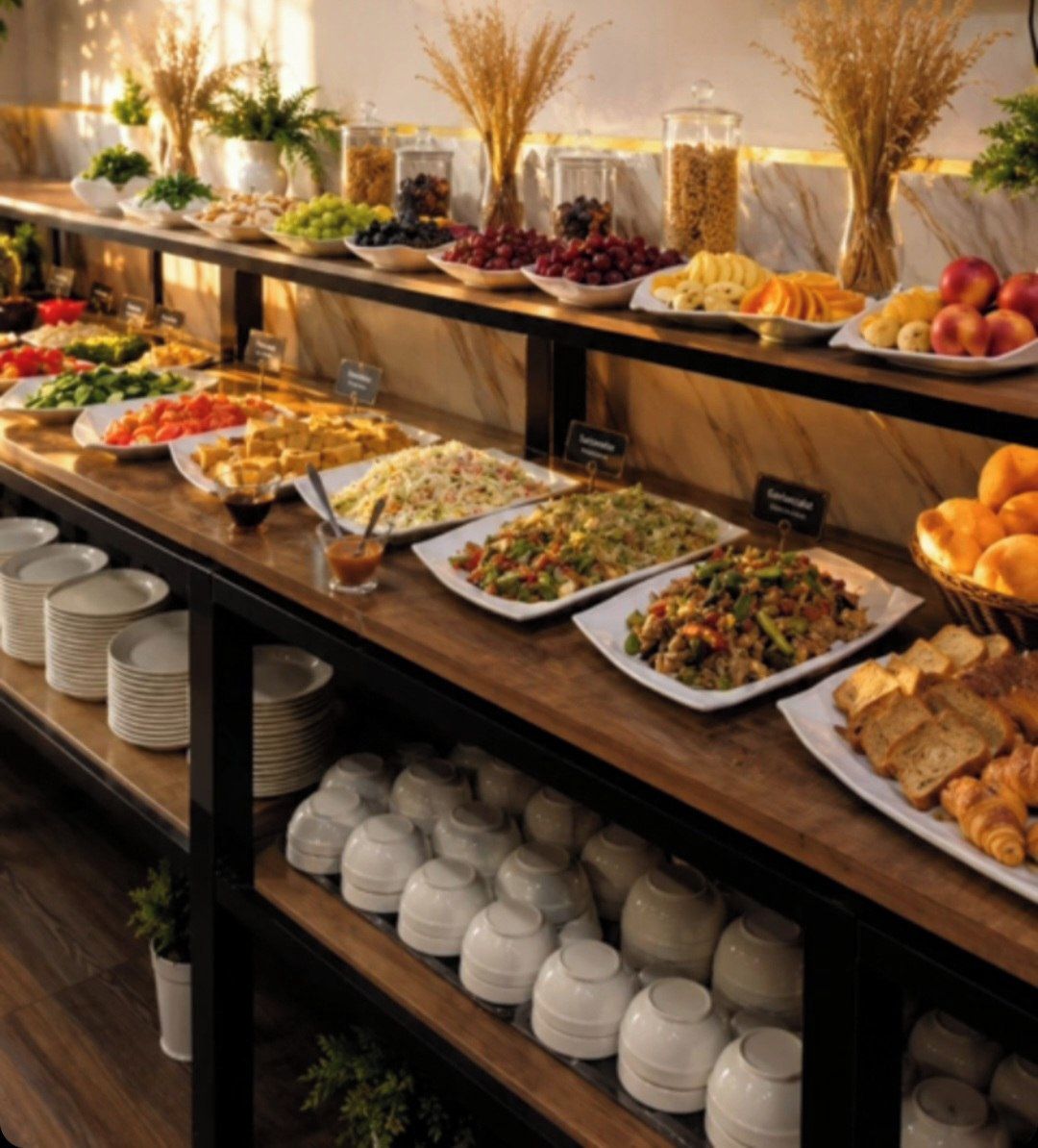 Buffet com diversos pratos e acompanhamentos.