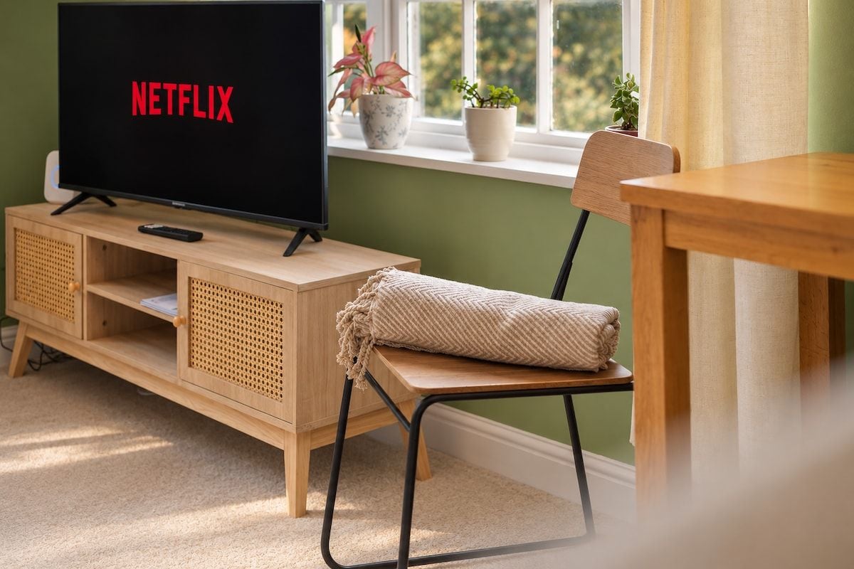 A room with a television displaying the Netflix logo, a wooden cabinet, a chair, a small table, and a window with plants.