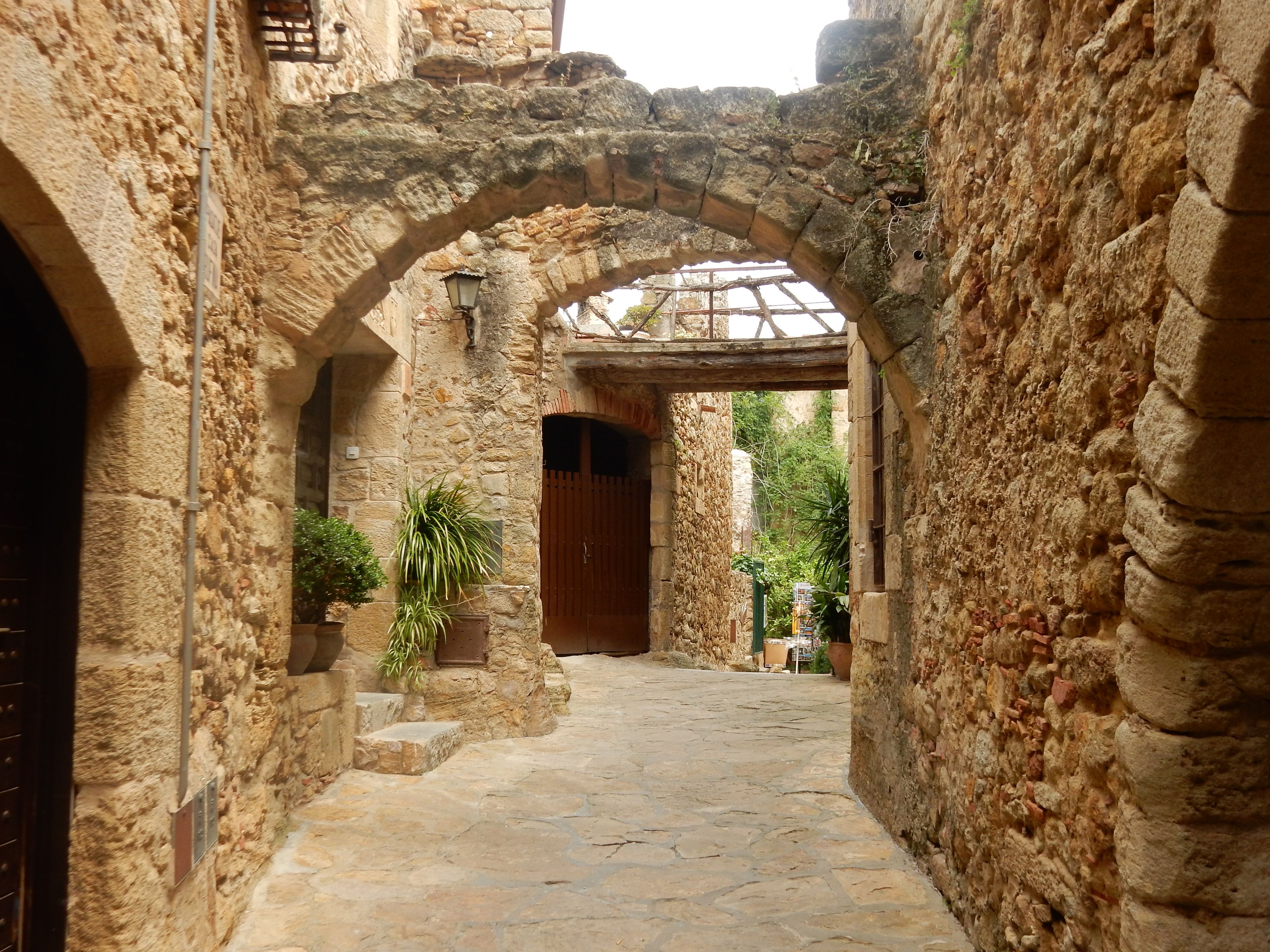 A stone courtyard with an arched passageway, potted plants, and a wooden door.