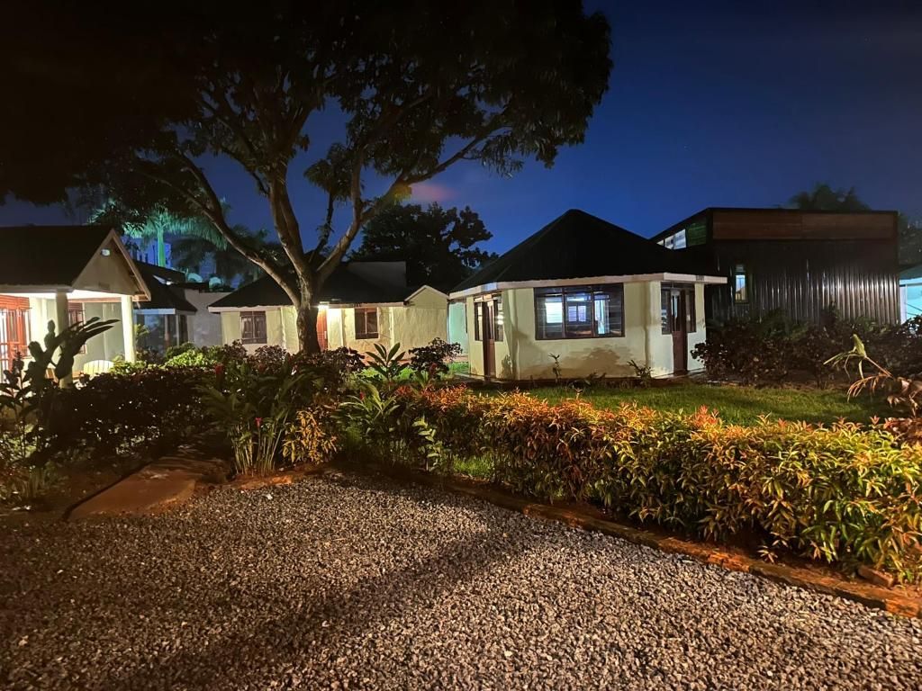 A residential area with houses, a gravel driveway, and a tree.
