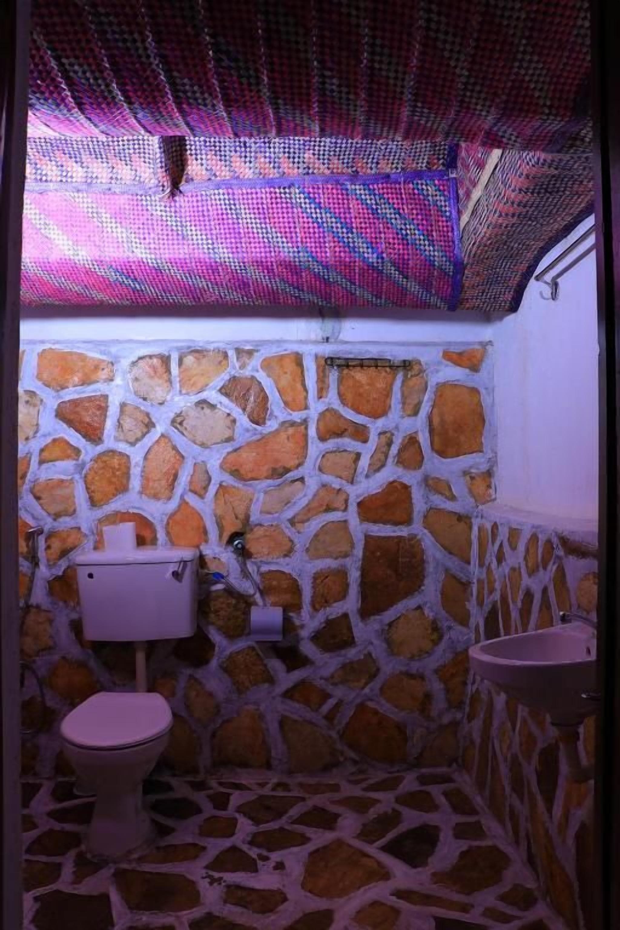 Un baño con pared de piedra, inodoro y lavabo.