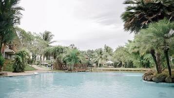 A swimming pool surrounded by palm trees and greenery, with buildings in the background.
