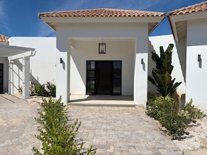 Uma casa moderna com telhado telhado, entrada central com porta de vidro e calçada pavimentada.