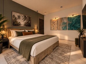 Um quarto moderno com estrutura de cama de madeira, uma grande pintura de palmeiras e arte abstrata nas paredes.