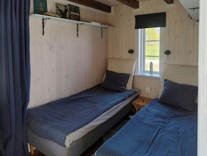 Une chambre avec deux lits simples, une étagère remplie de livres et une fenêtre donnant sur un beau paysage.