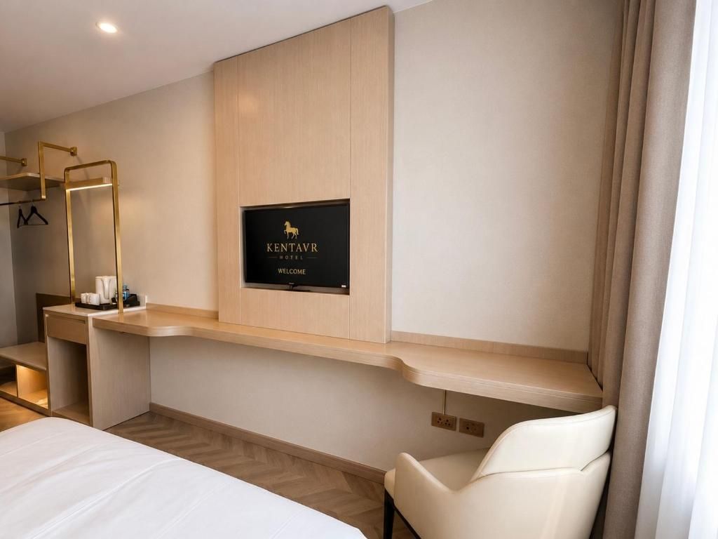 A hotel room with a bed, a desk, a chair, a mounted TV, and a wall-mounted sign.