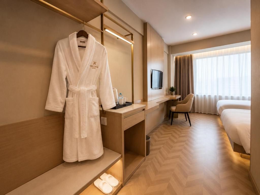 A hotel room with a bed, a desk, a chair, a robe hanging on a rack, and slippers on the floor.