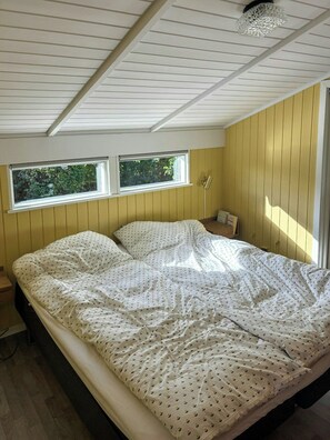 Ein Schlafzimmer mit einem Bett, zwei Fenstern, einer Nachttischlampe und einer Deckenleuchte.