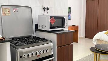 Uma cozinha compacta com fogão a gás, forno, micro-ondas e armários de madeira.