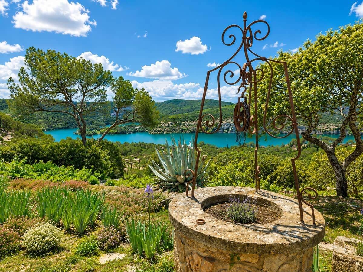 A garden with a circular stone planter, a metal sculpture, and a view of a lake and hills.