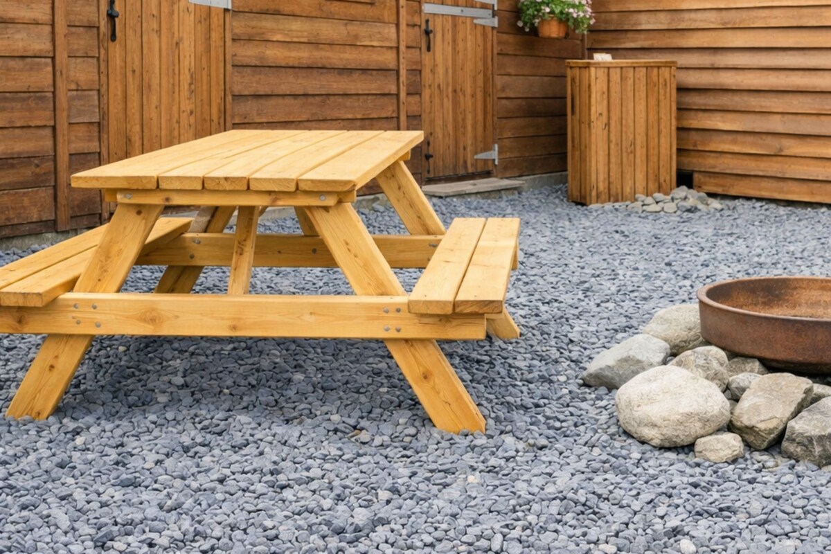 Un edificio de madera con una mesa de picnic y una pequeña maceta.