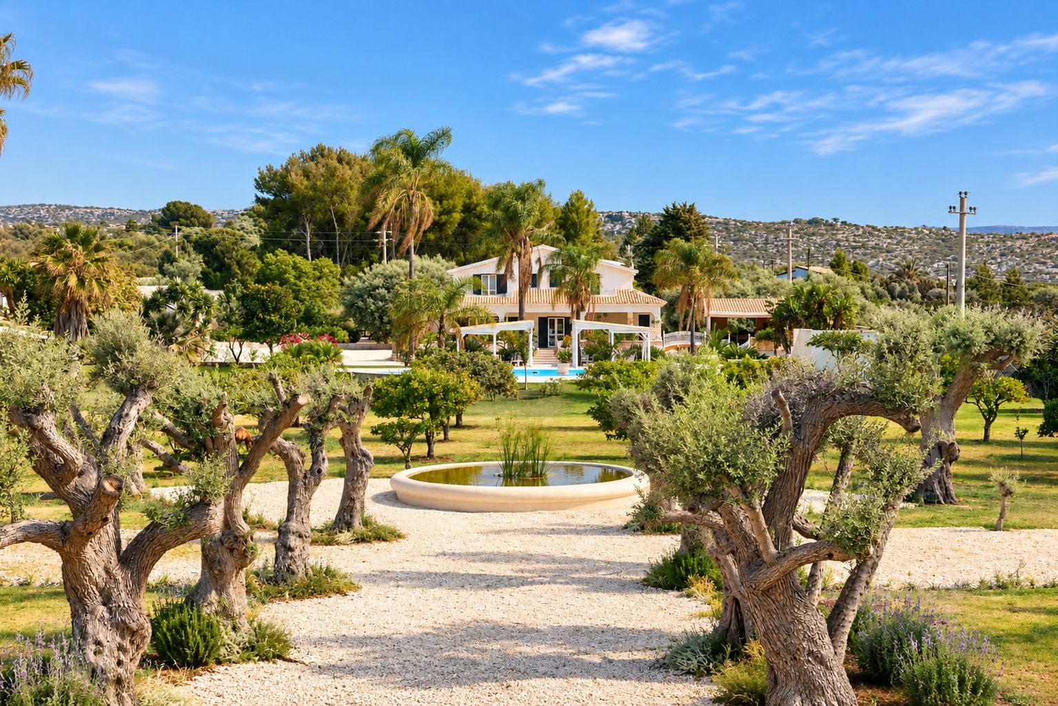 A Mediterranean-style villa with a swimming pool, surrounded by landscaped gardens and cypress trees.