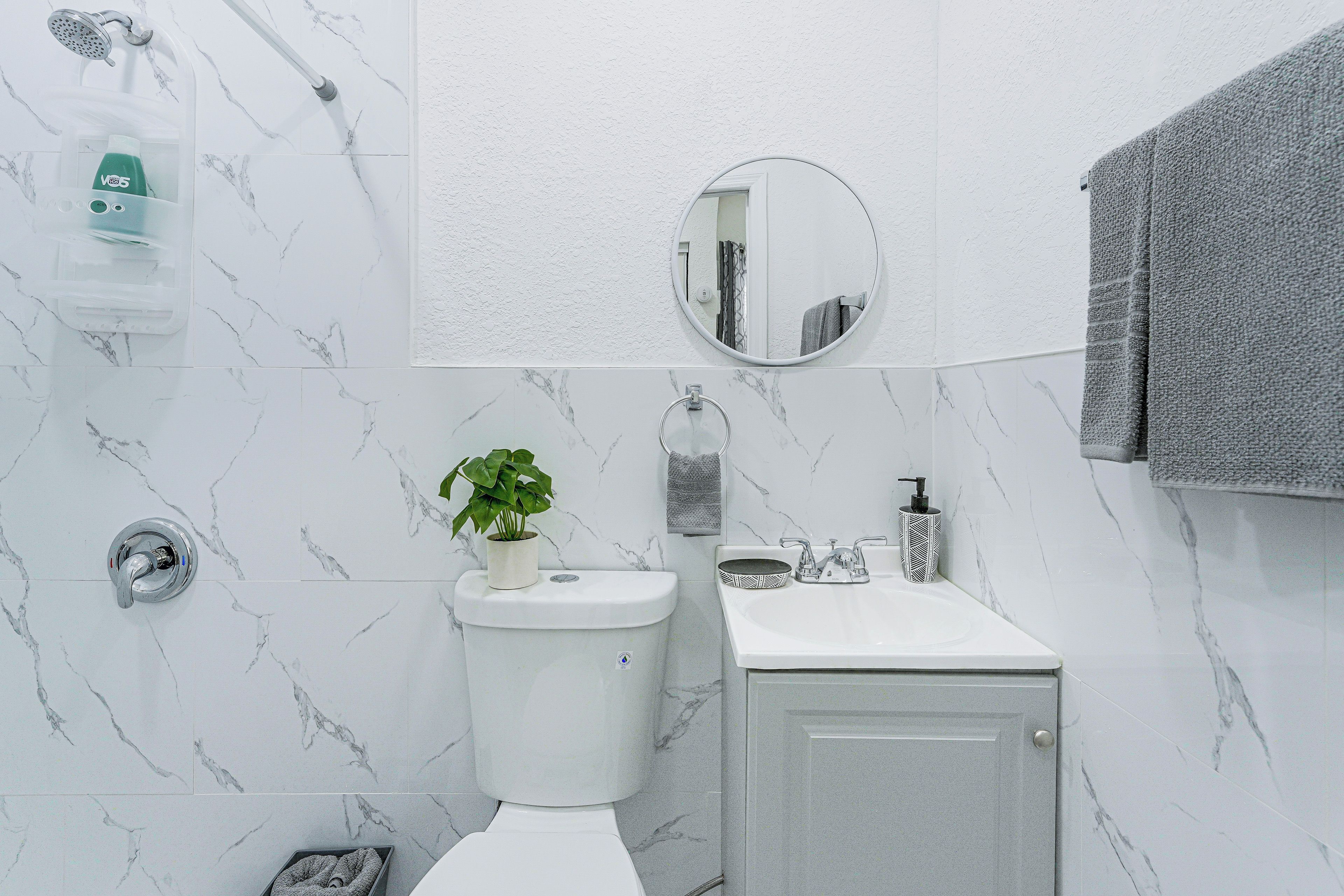 Une salle de bain équipée de toilettes, d’un lavabo, d’un miroir et d’une plante en pot.