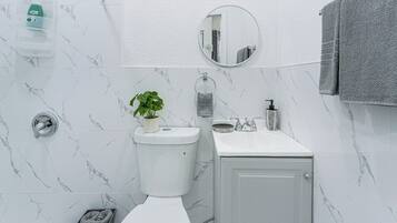 Une salle de bain équipée de toilettes, d’un lavabo, d’un miroir et d’une plante en pot.