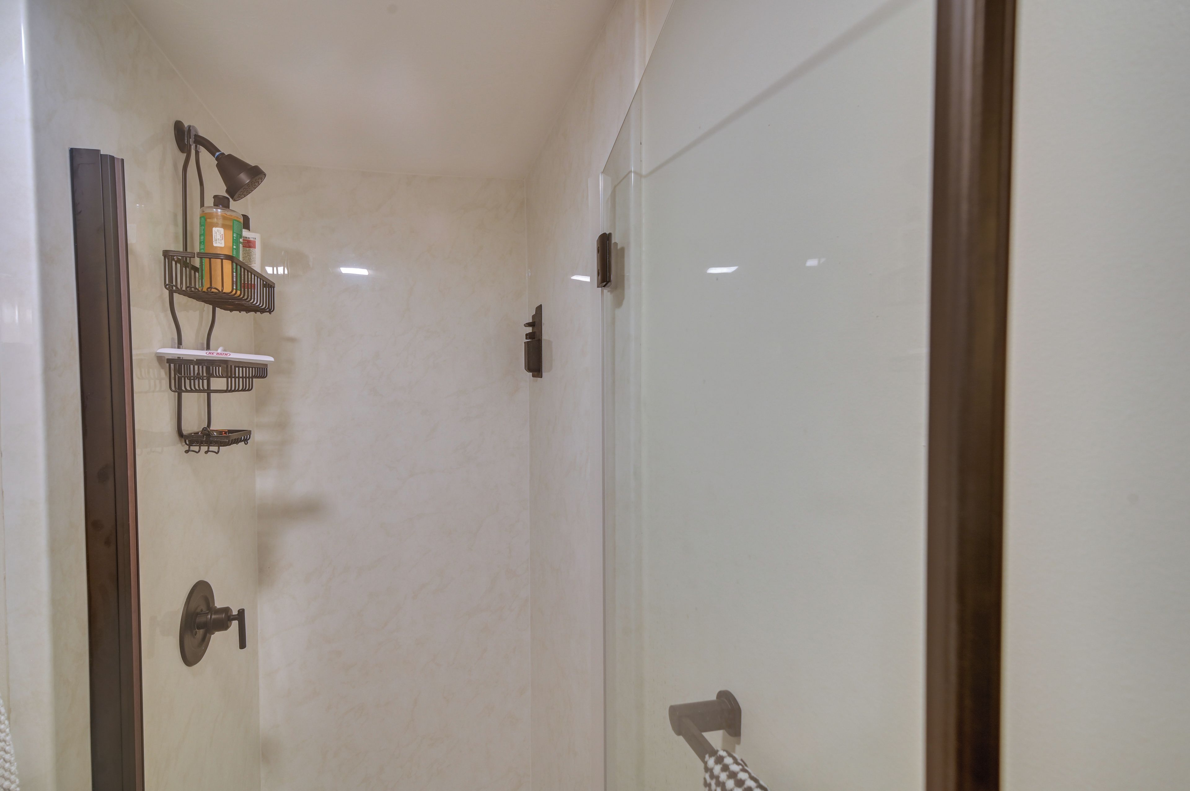 Une salle de bain avec une douche à parois de verre, un porte-serviettes et un distributeur de savon.