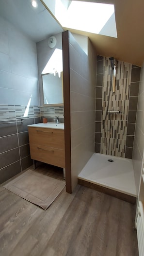 Een moderne badkamer met dakraam, douche en een wastafel met spiegel.