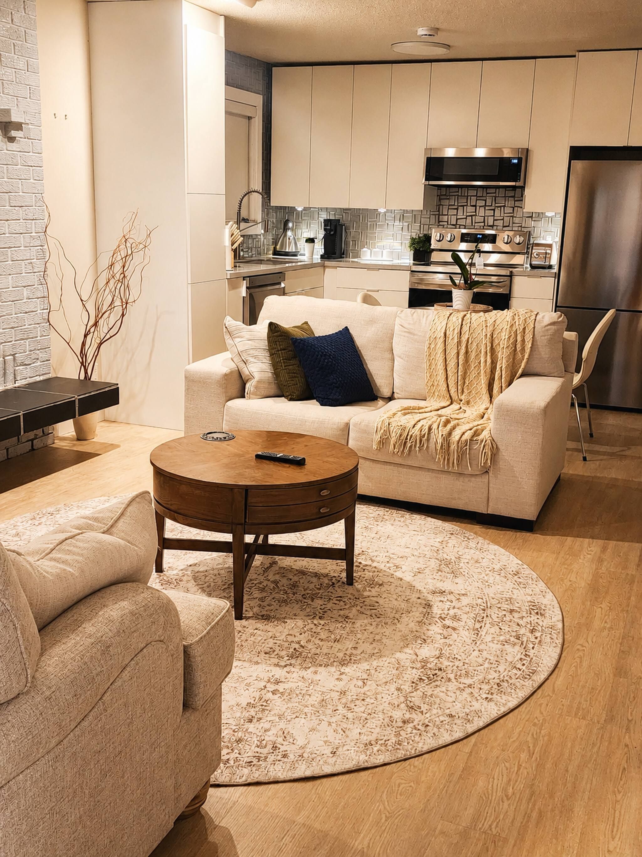 Una sala de estar moderna con un sofá, una mesa de centro y una cocina al fondo.