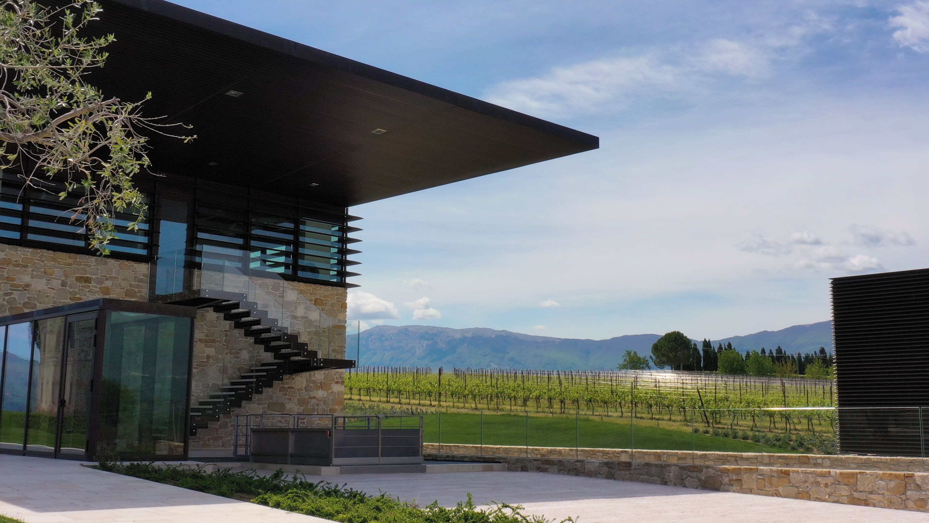 Un bâtiment moderne avec une façade en pierre, un escalier en verre et une vue sur un vignoble.